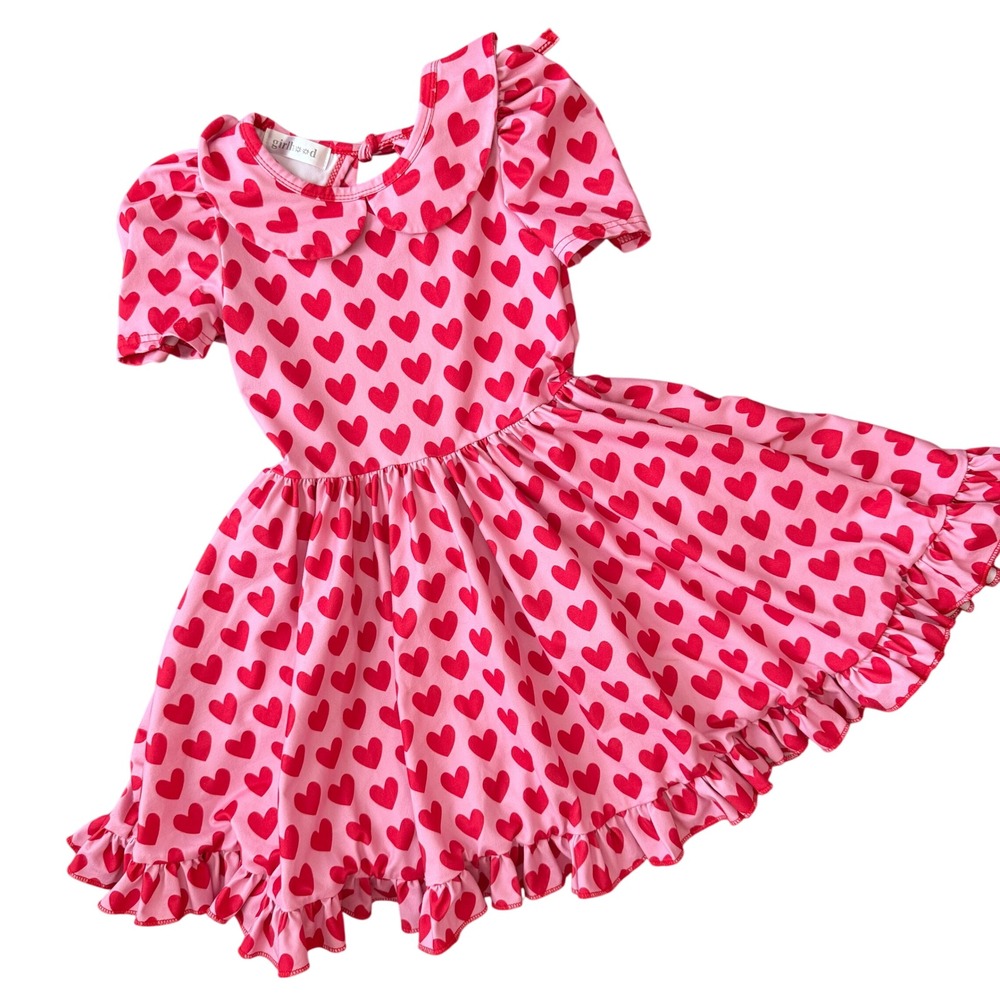Girlhood Kids Pink Red Heart Dress Sz 6 Peter Pan Collar‎ Ruffle Twirl Coquette